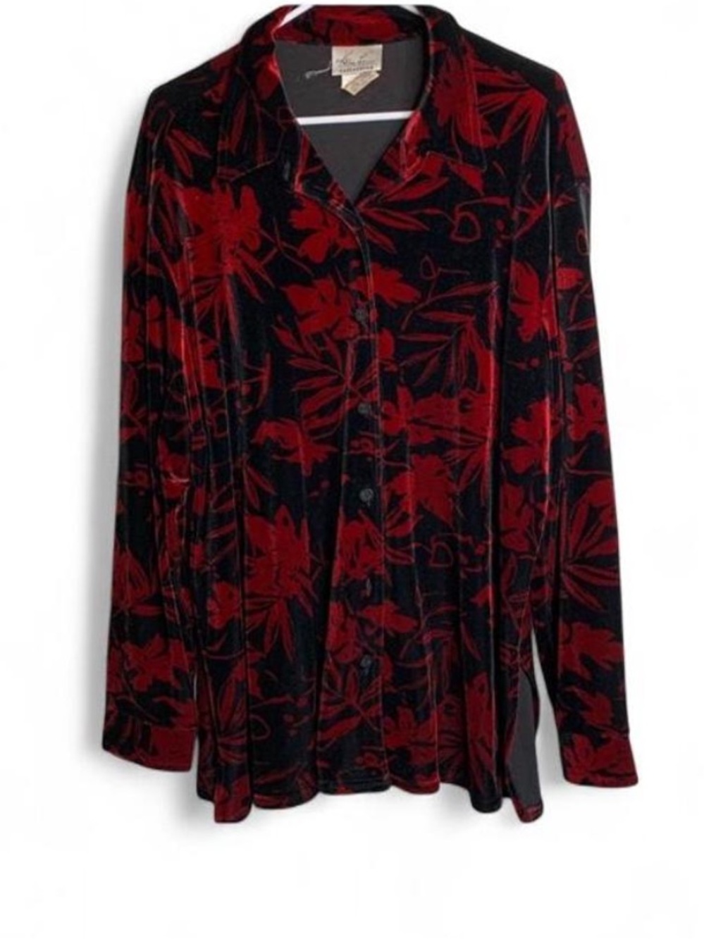 Vintage Red and Black Velvet Floral Leafy Button Up Collared Blazer Women’s XL